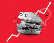 Black and white realistic burger with an illustrated eyes and mouth, against a red background with illustrations.