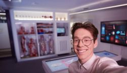 A young man with dark hair and glasses takes a selfie in front of a health science laboratory.