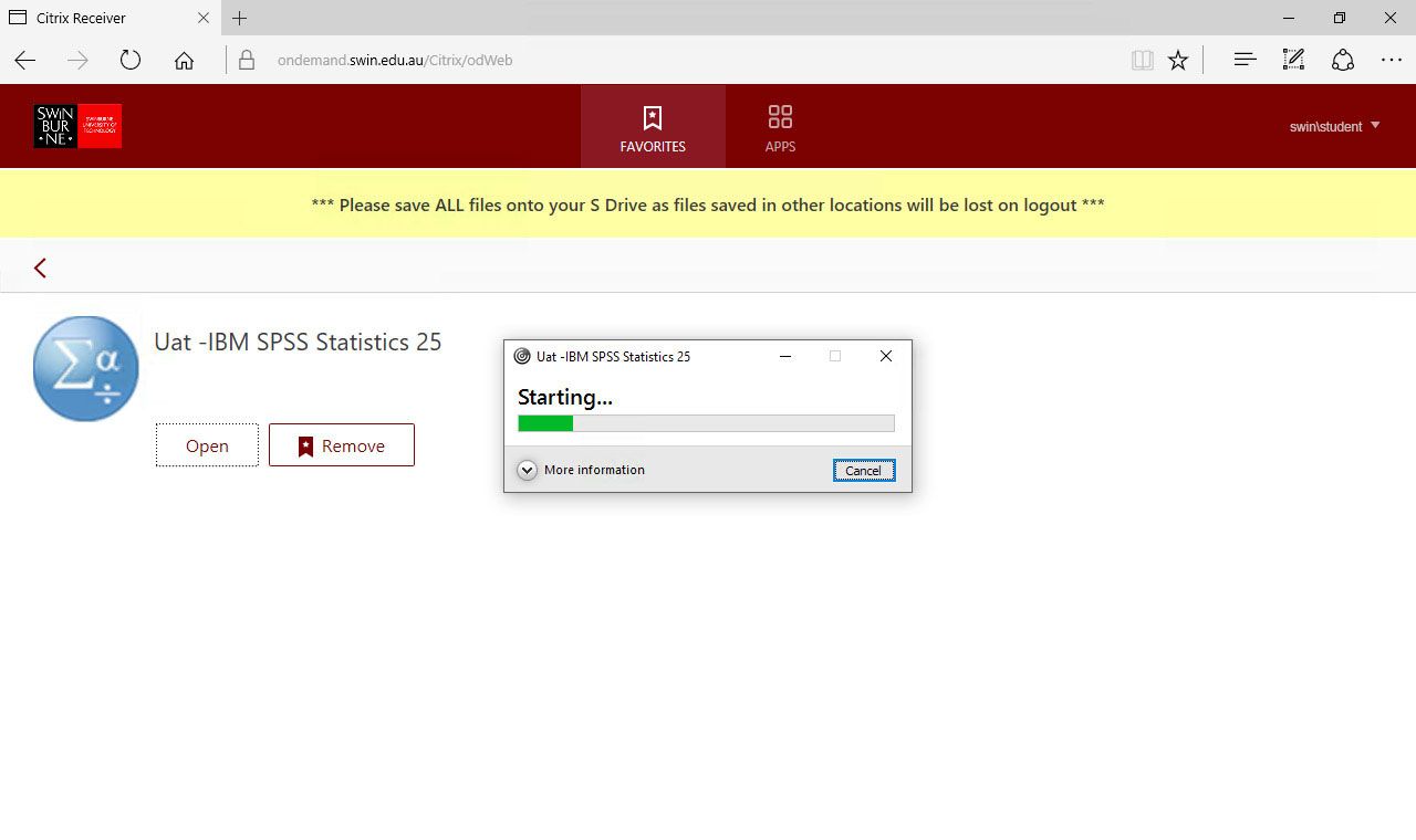 Screenshot of a web browser open to Swinburne's Apps on Demand with a loading bar in the centre