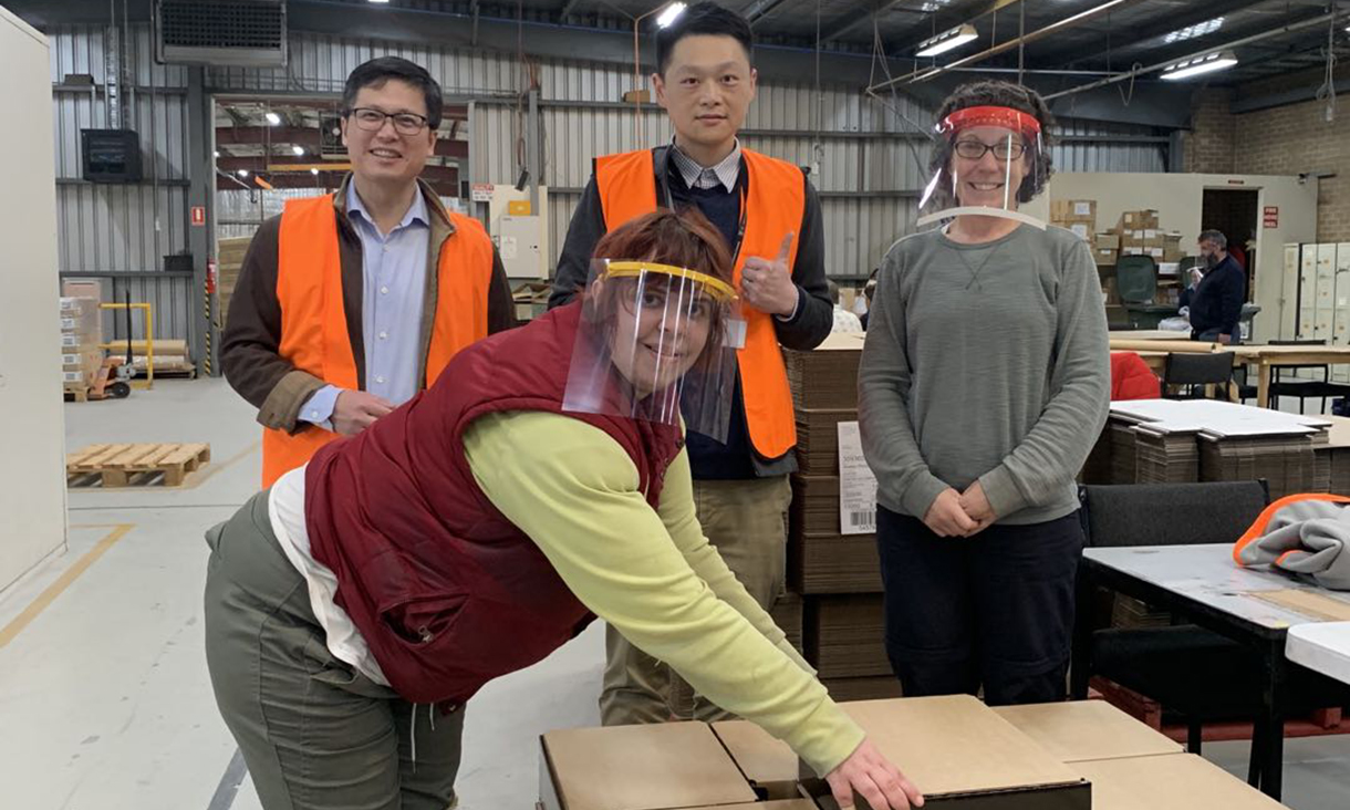 Waverley Industries worker Danielle White (front) with Professor Guoxing Lu, Dr Kwong Ming (KM) Tse and Waverley Industries Group Finance and Corporate Services Manager, Vanessa Steele.