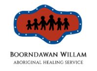 Loosely Indigenous styled illustration of six figures holding hands with the title of the business appearing below