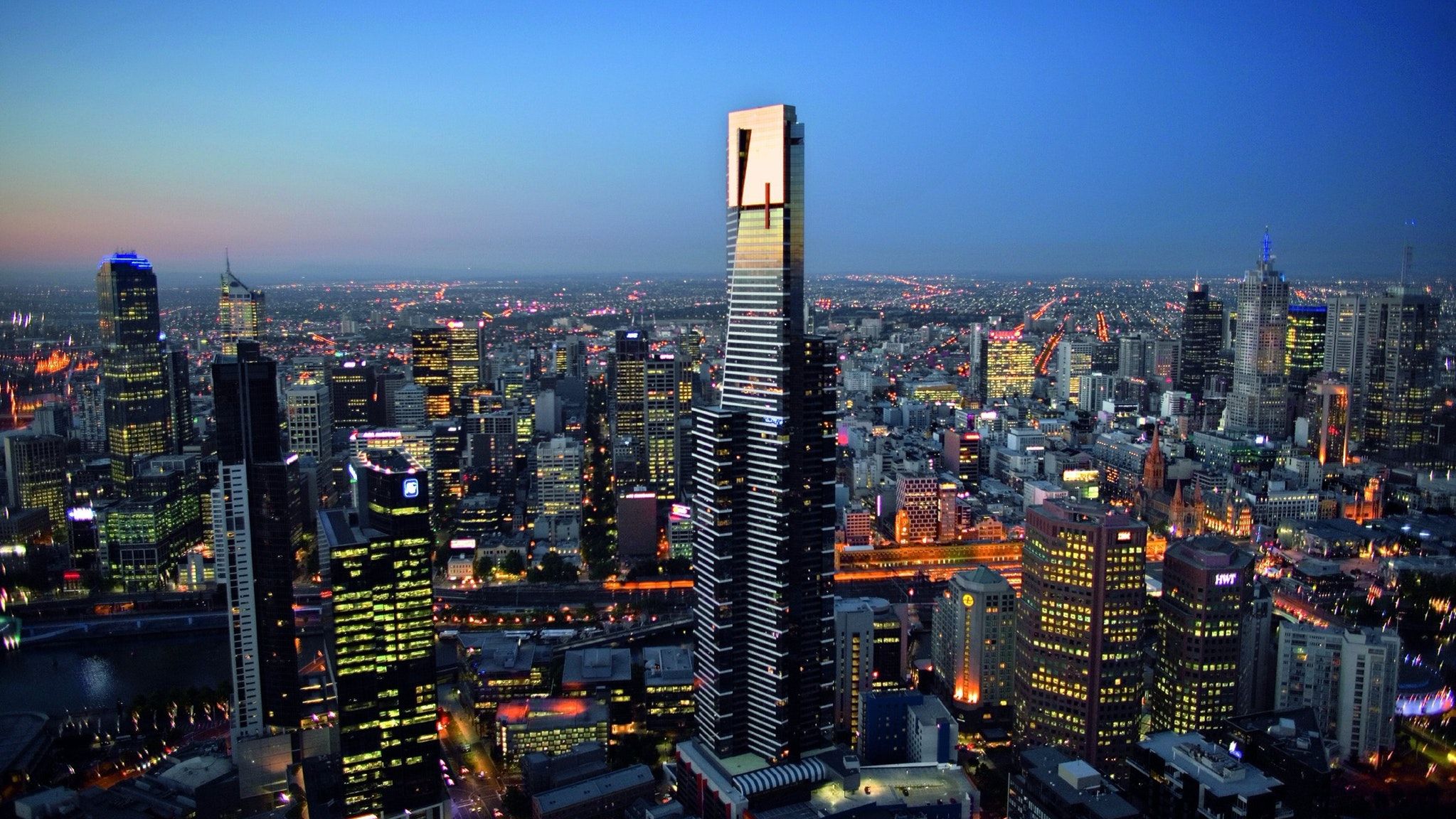 Melbourne city skyline Melbourne city skyline at night time with Eureka Tower in focus