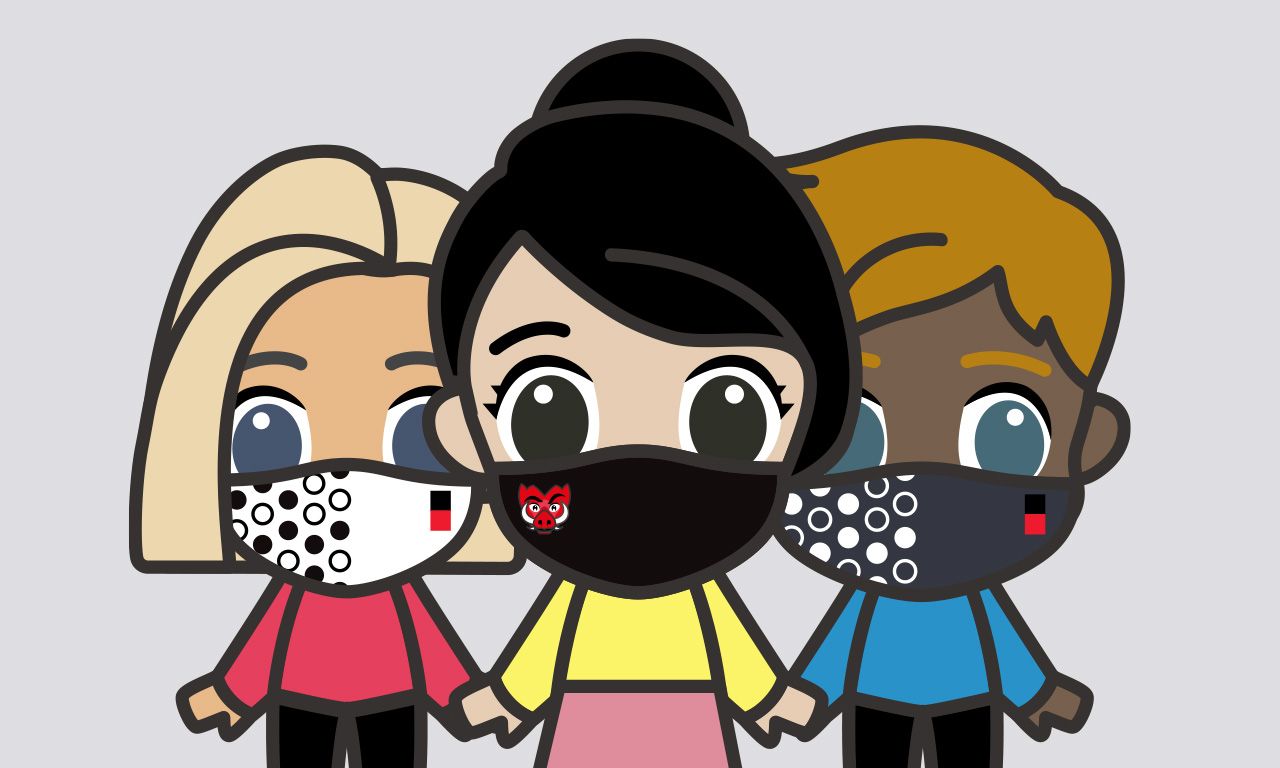 Three Swinburn cartoon characters wearing Swinburne branded face masks