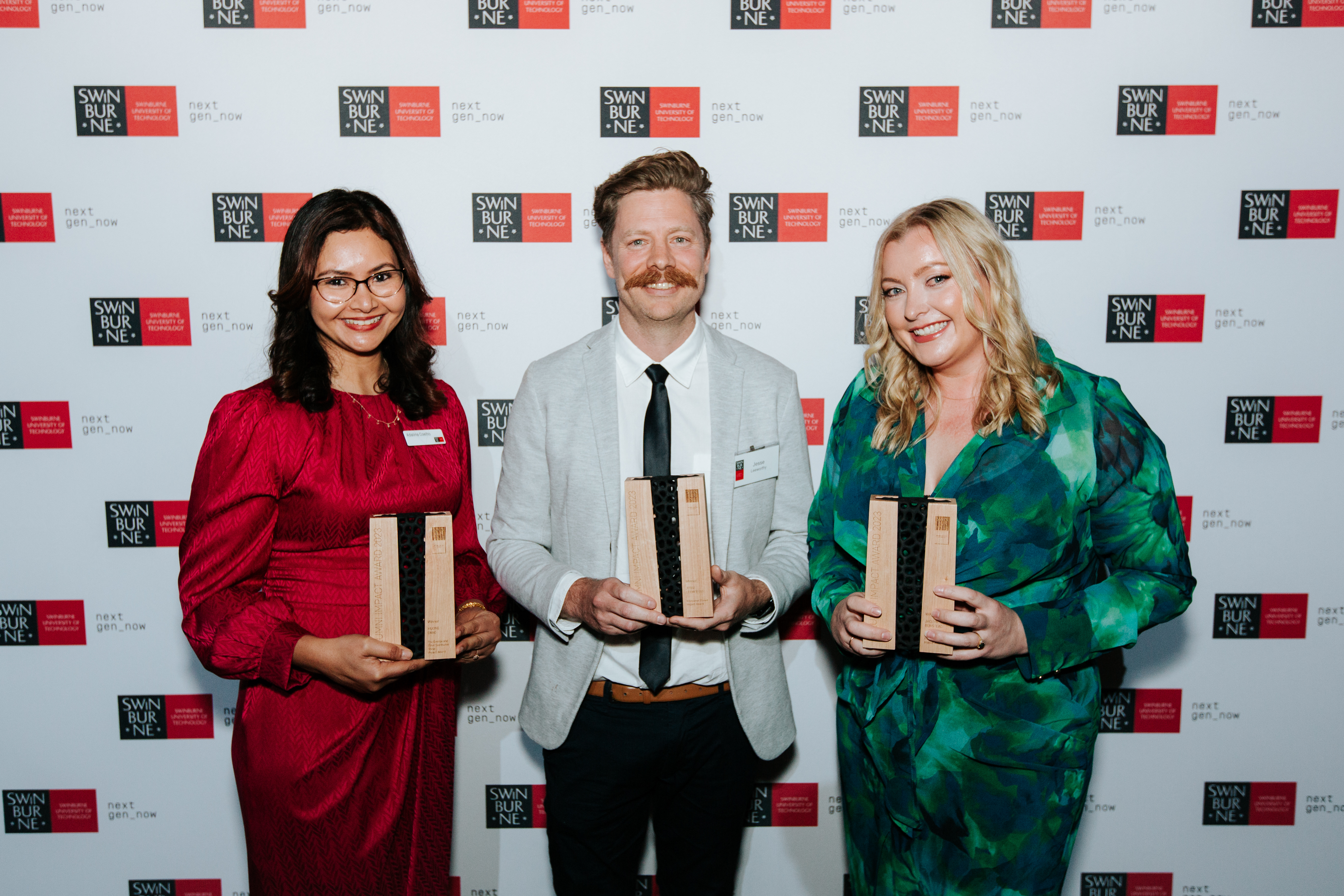 Jesse Leeworthy, Jaclyn Benstead and Huong Dang are the winners of the 2023 Alumni Impact Awards