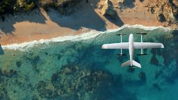 plane flying over the beach