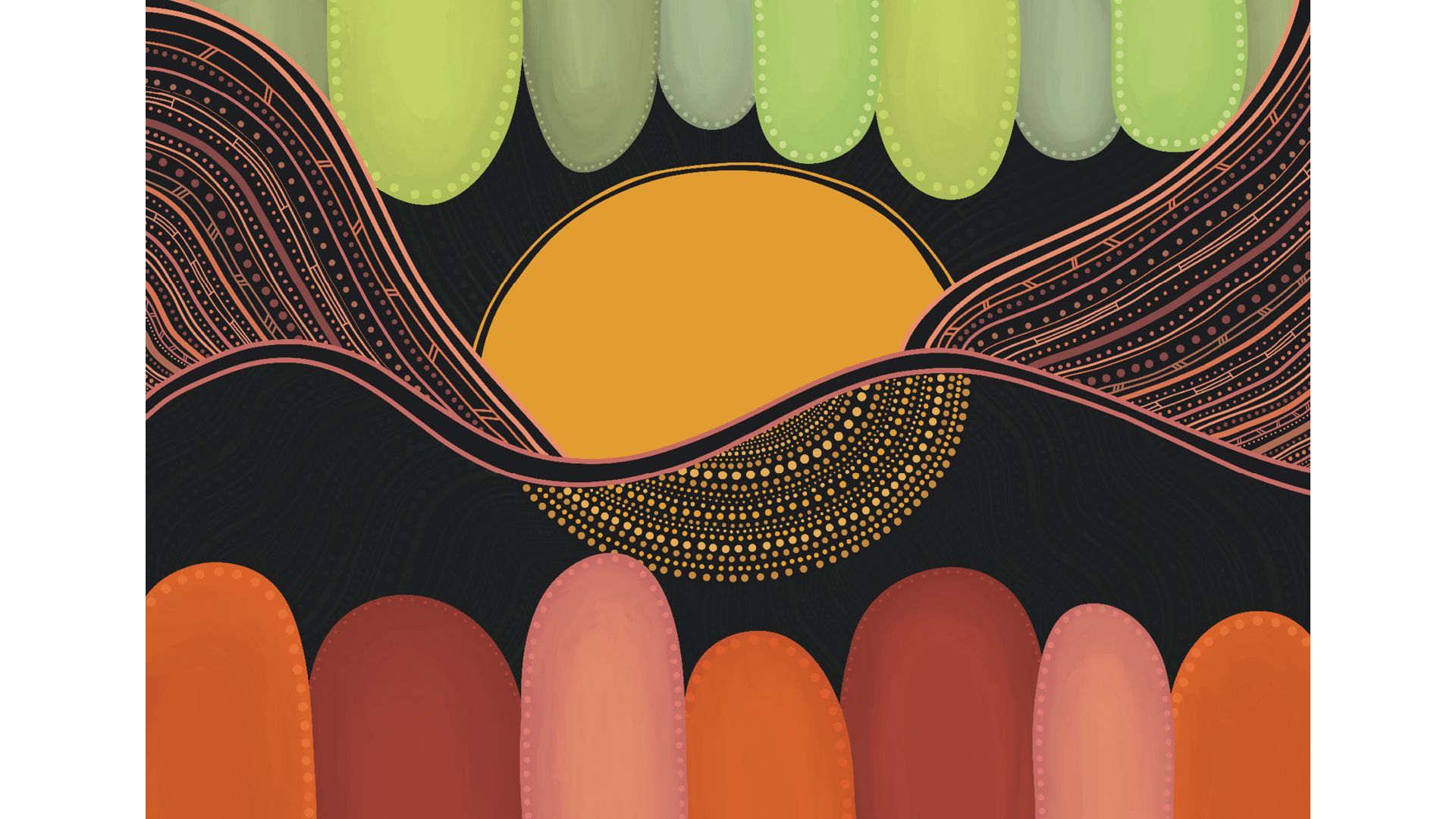 Indigenous artwork should a sun at the centre with green, pink and black shapes around it