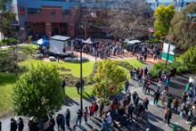 Aerial shot of a grassy area with lots of people at an event.