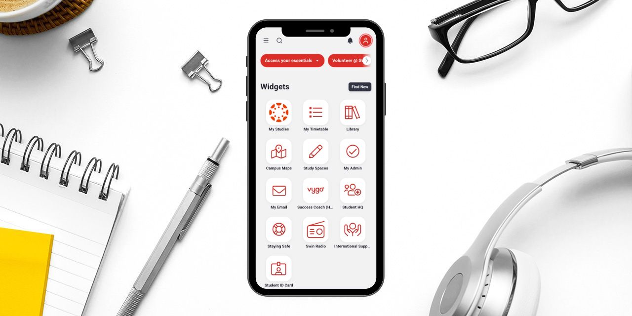 Swinburne Mobile App promotional image showing phone with Swinburne app tiles such as My Email and Campus Maps