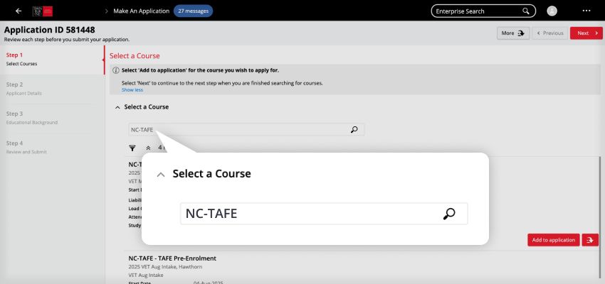 NC-TAFE selection screenshot. 