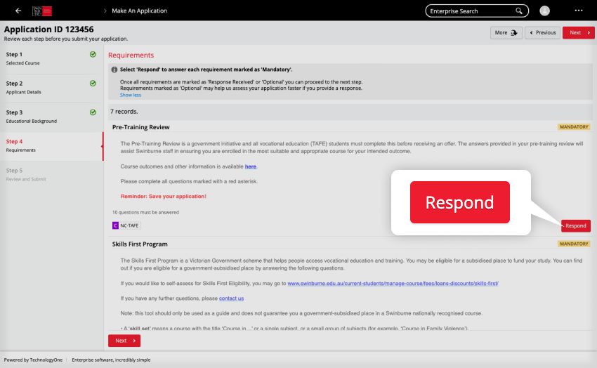 Respond to requirements task screenshot. 