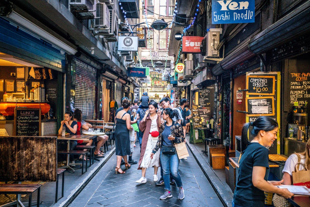 Street view of Centre Place an iconic pedestrian laneway with cafe and people in Melbourne Australia