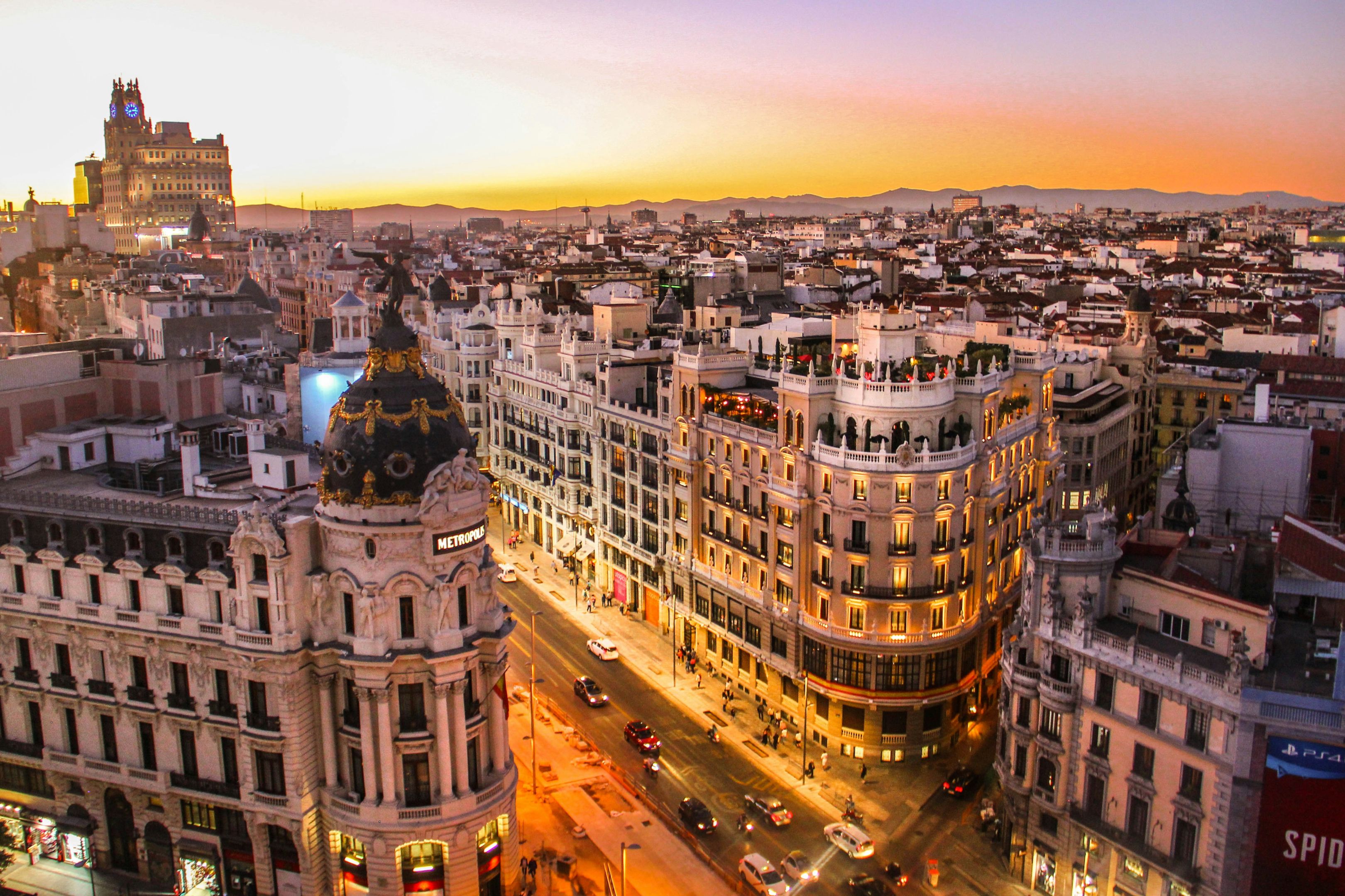 Gran Via in Madrid, Spain in the sunset