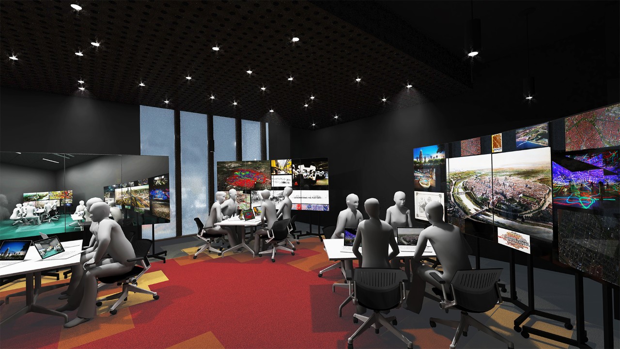 A computer-generated image showing a large office space with groups of 4 people seated around square tables working on laptops together, with large screens beside their table projecting various images. 