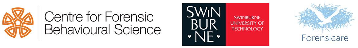 Orange knotted symbol next to the words Centre for Forensic Behavioural Science and a stylised image of a bird in a nest nest to word Forensicare 