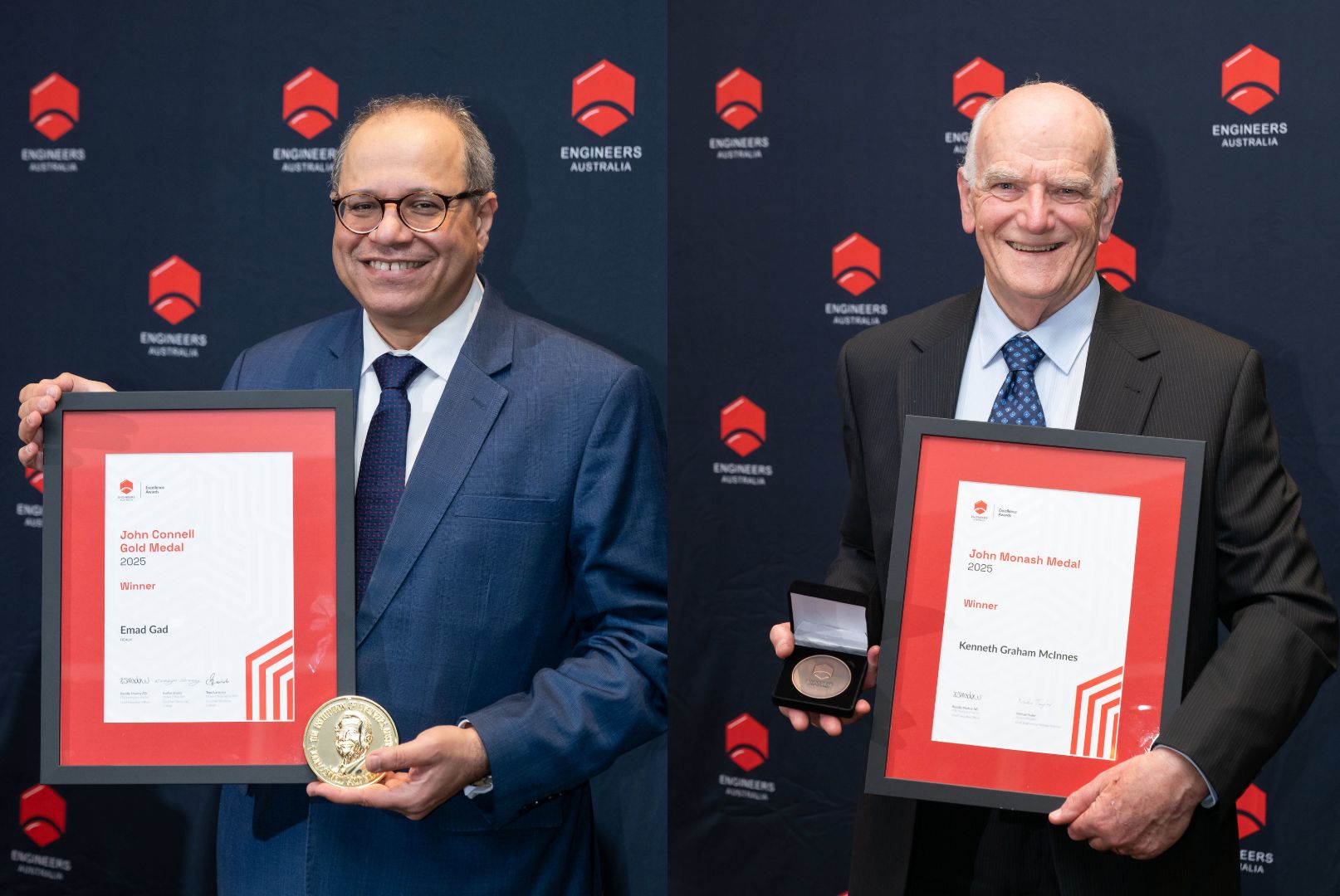 Executive Dean of the School of Engineering Professor Emad Gad, and Ken McInnes have received top honours at the 2025 Engineers Australia Awards.  Executive Dean of the School of Engineering Professor Emad Gad, and Ken McInnes have received top honours at the 2025 Engineers Australia Awards.