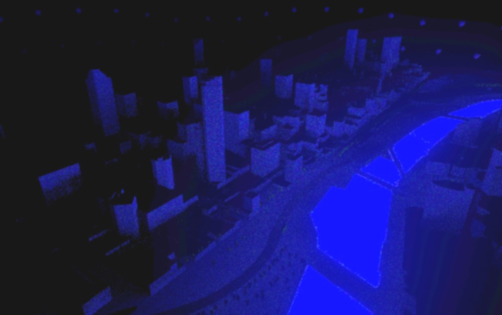A computer-generated image of a city and the river in front of it, shown in blue