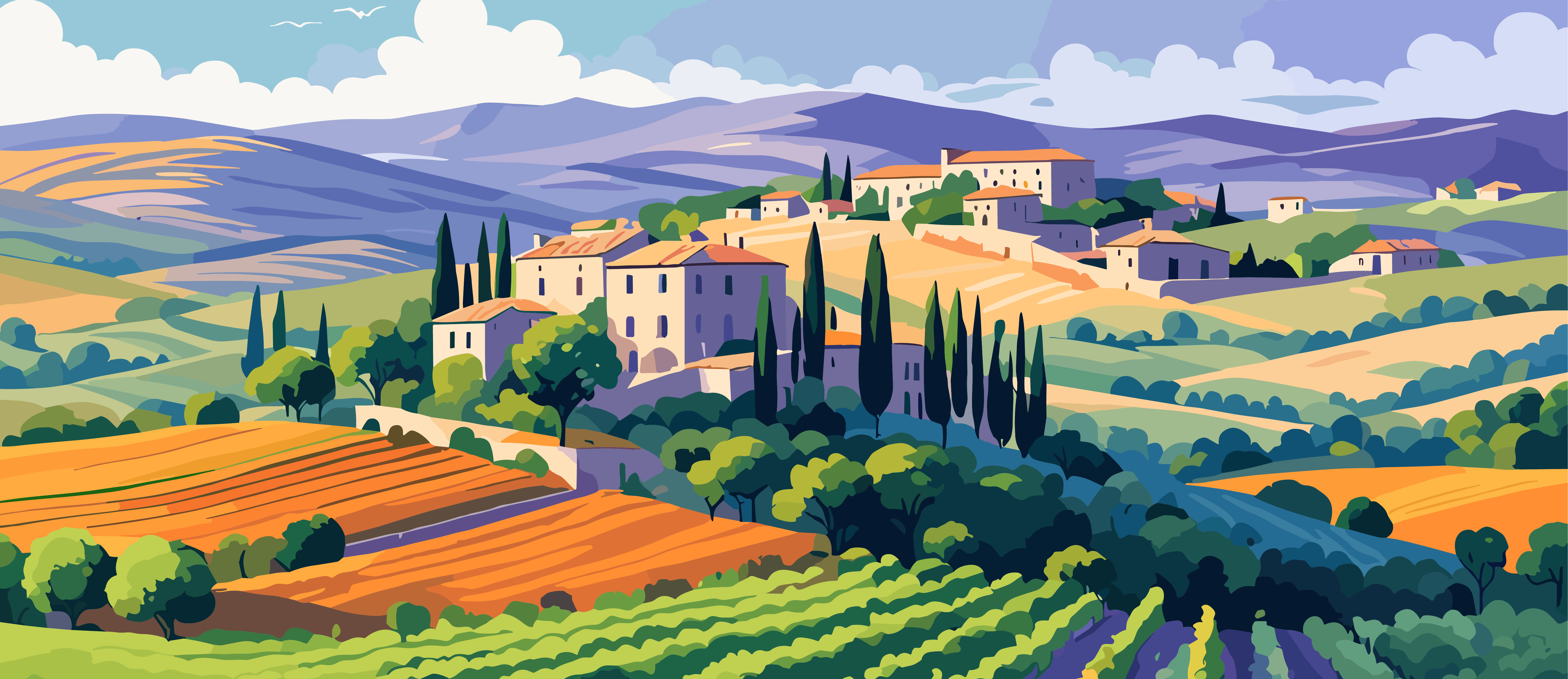 Stylised image of Tuscan hills with villas and vineyards