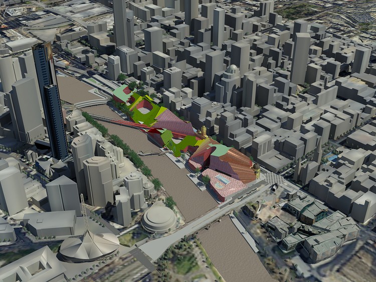 A computer-generated image of the Melbourne CBD showing the Yarra River in the middle and with the Flinders Street station design in colour.