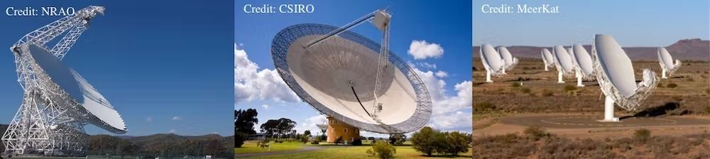 Three different radio facilities and their respective telescopes from NRAO, CSIRO and MeerKAT
