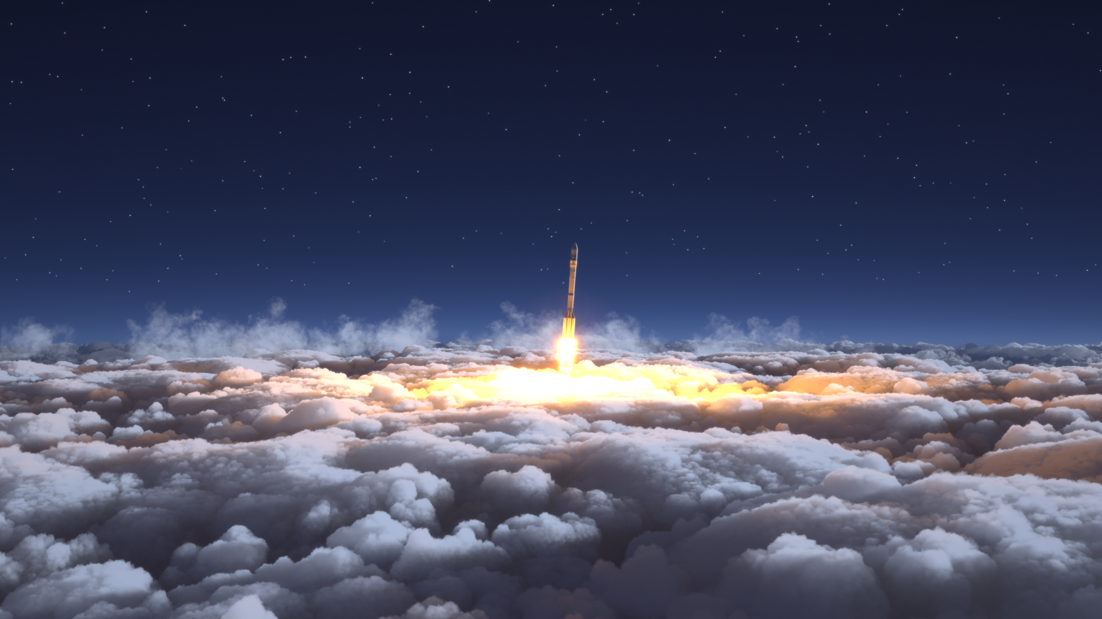 A rocket entering the space above the clouds