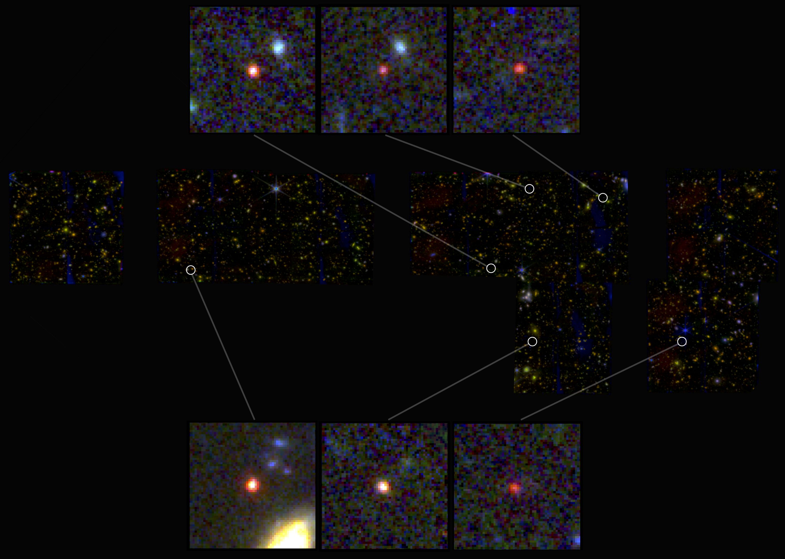 6 galaxy photos accompanied by more zoomed-out images of the space surrounding, with circles showing where the galaxy is located