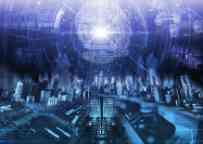 A futuristic city landscape with technology blueprints overlaying the image, in blue/purple tones 