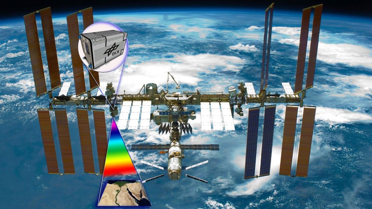 In partnership with the DLR, the DLR Earth Sensing Imaging Spectrometer (DESIS) instrument has been successfully installed on the International Space Station. DESIS is a hyperspectral earth observation device that greatly advances our ability to characterise vegetation health and stress, water quality and pollution, as well as the Earth's mineral resources.  Image credit: German Aerospace Centre / Deutsches Zentrum für Luft- und Raumfahrt (DLR) - CC-BY 3.0