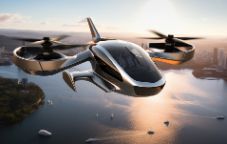 Generated image of a futuristic helicopter with revolving blades on either side, flying over a city/lake