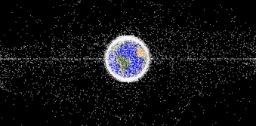 Image with earth being surrounded by hundreds of white dots, representing satellites and other space junk