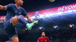 An animated depiction in FIFA of Kylian Mbappe kicking the ball out of mid air while Virgil Van Dijk watches on