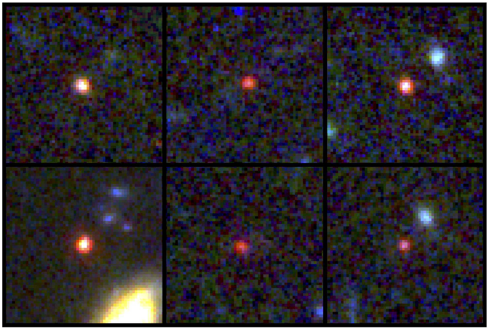 Photo collage of six different images of massive galaxies, seen 500-800 million years after the big bang 