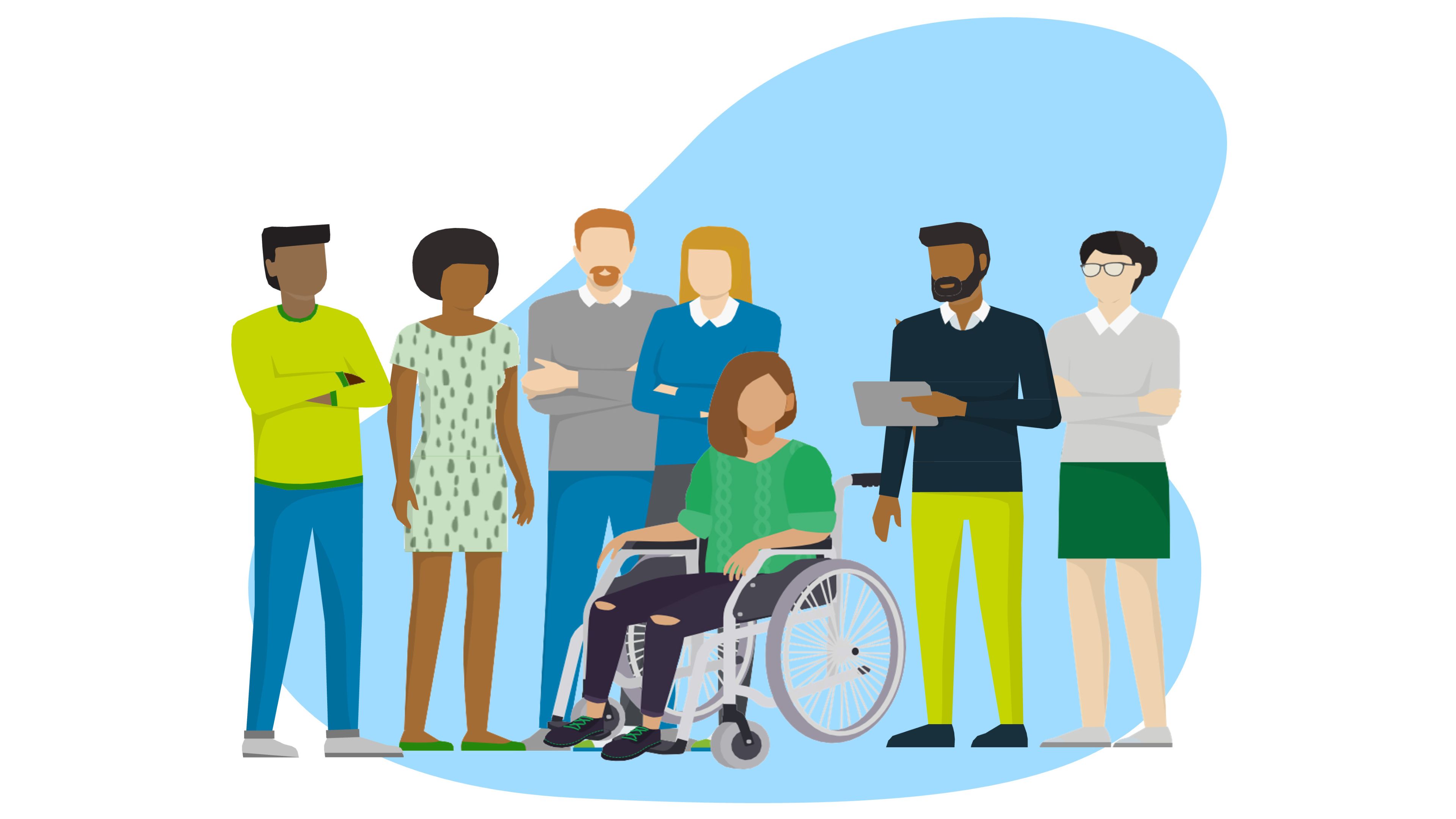 Illustration showing a number of professionals in different clothing, ethnicities and genders. One of them is in a wheelchair.