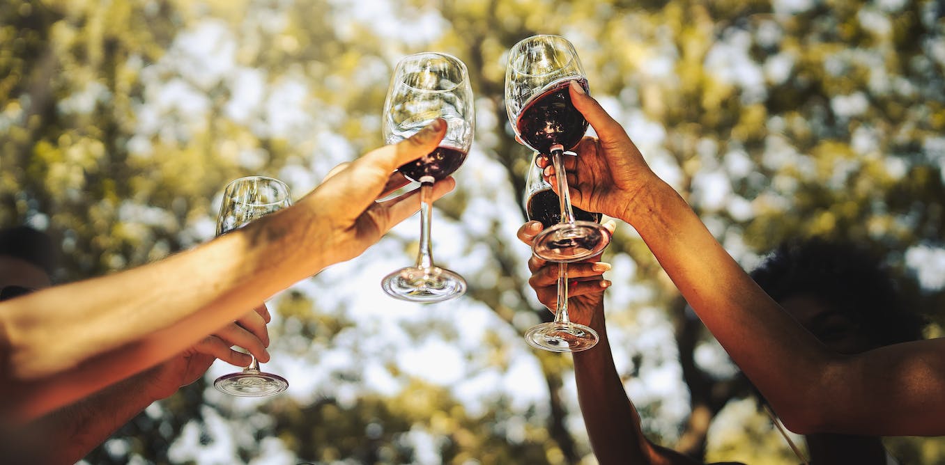 Four people holding on their red wine glasses in a toast/cheers