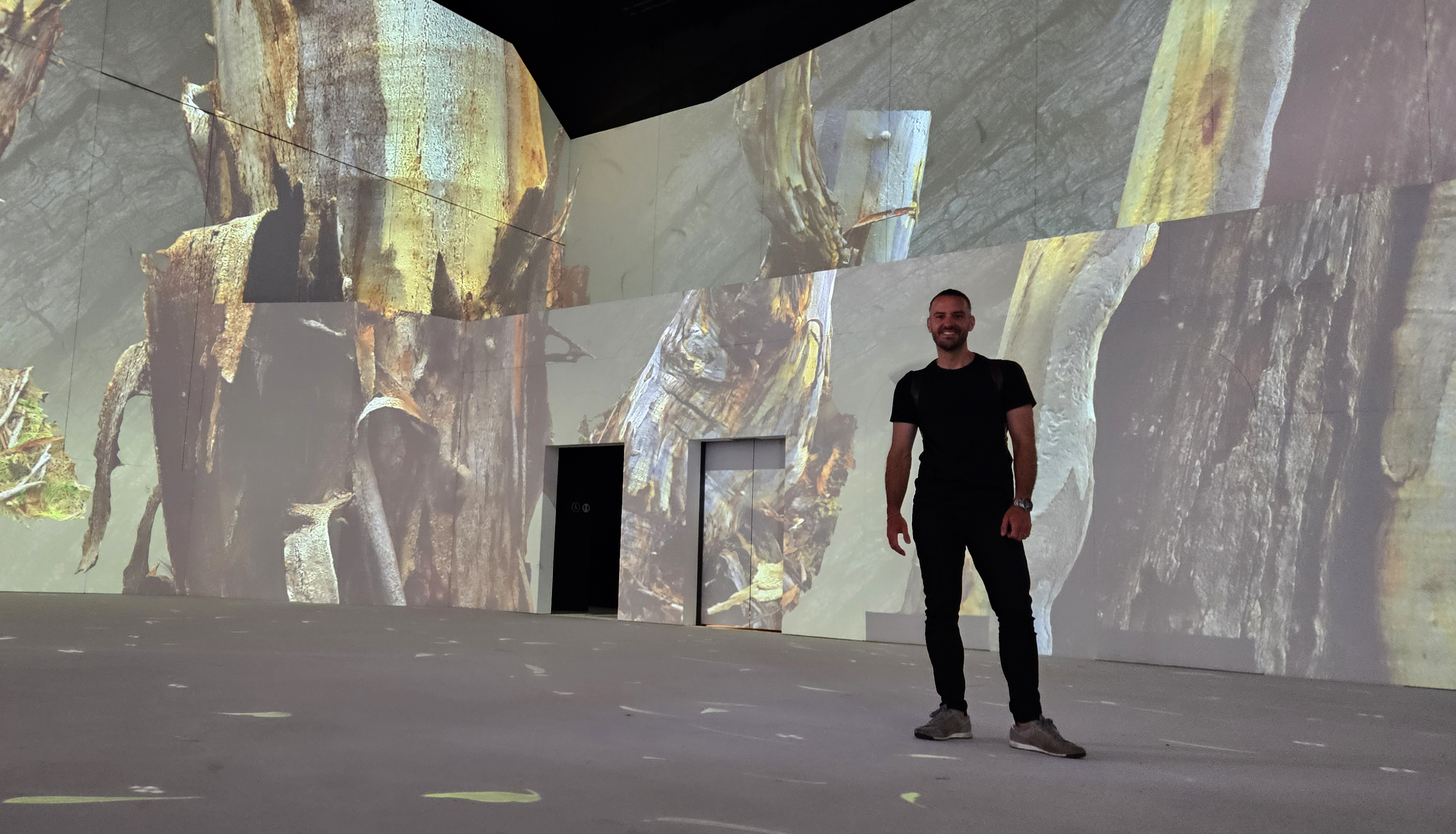 Man standing in thr Lume in front of the wall/screens projecting an artwork.