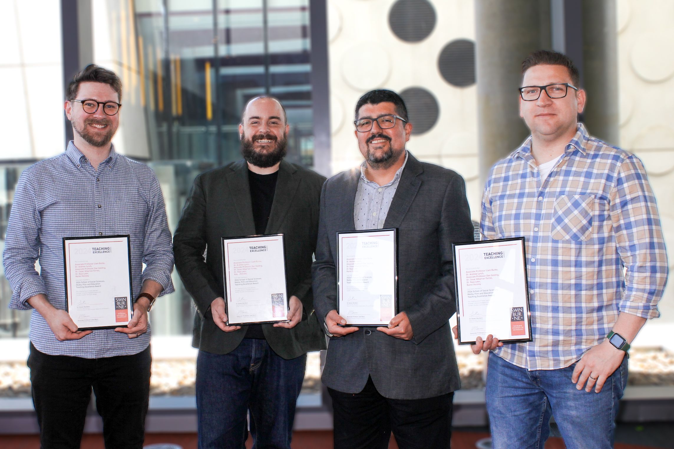 School Teaching Excellence Award Recipients Associate Professor Dan Golding, Dr. Andrew Lynch, Dr. César Albarrán-Torres and Associate Professor Liam Burke.