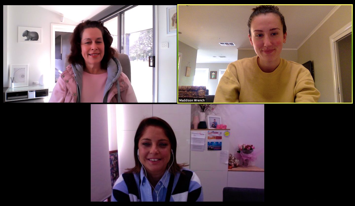 A screenshot of a zoom meeting with three people. 