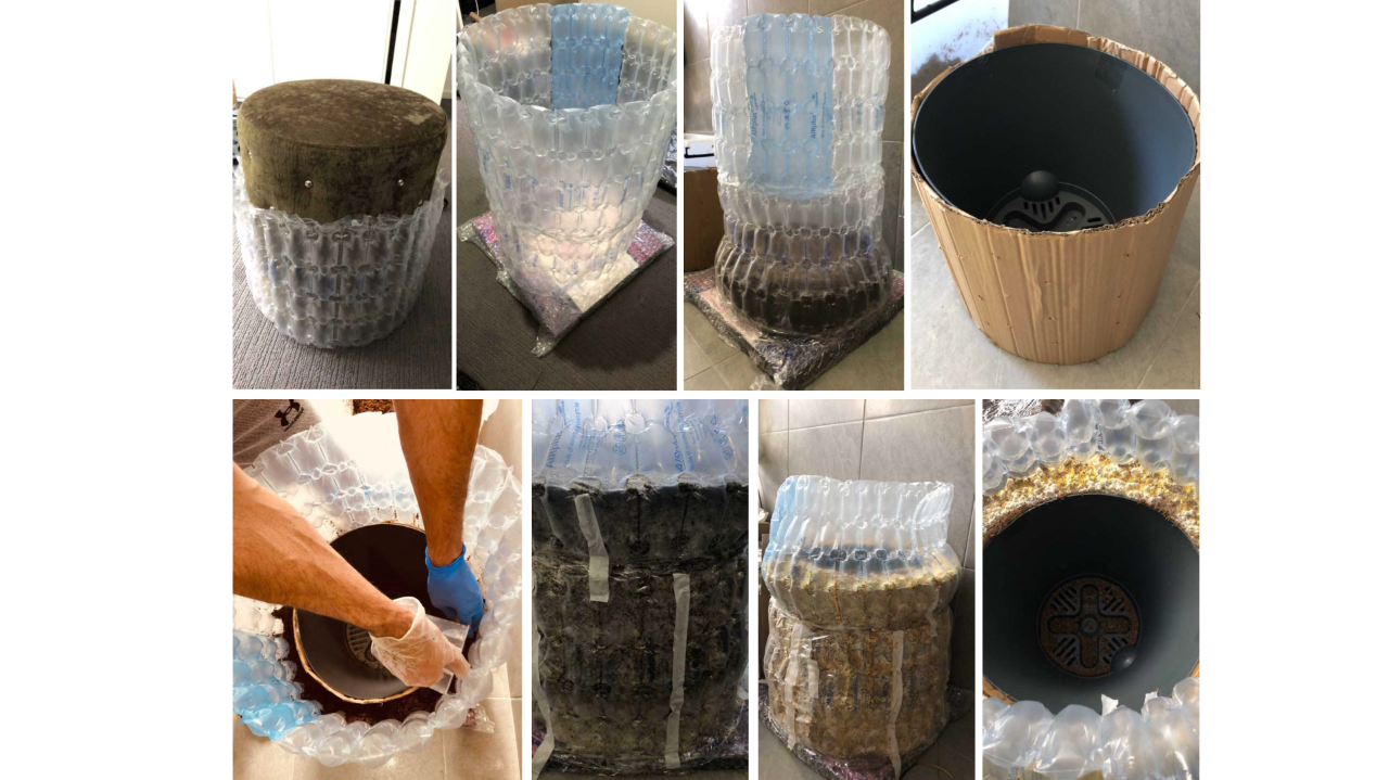 A composition of eight pictures documents the process of growing a mycelium planter using bubble wrap to create a textural pattern