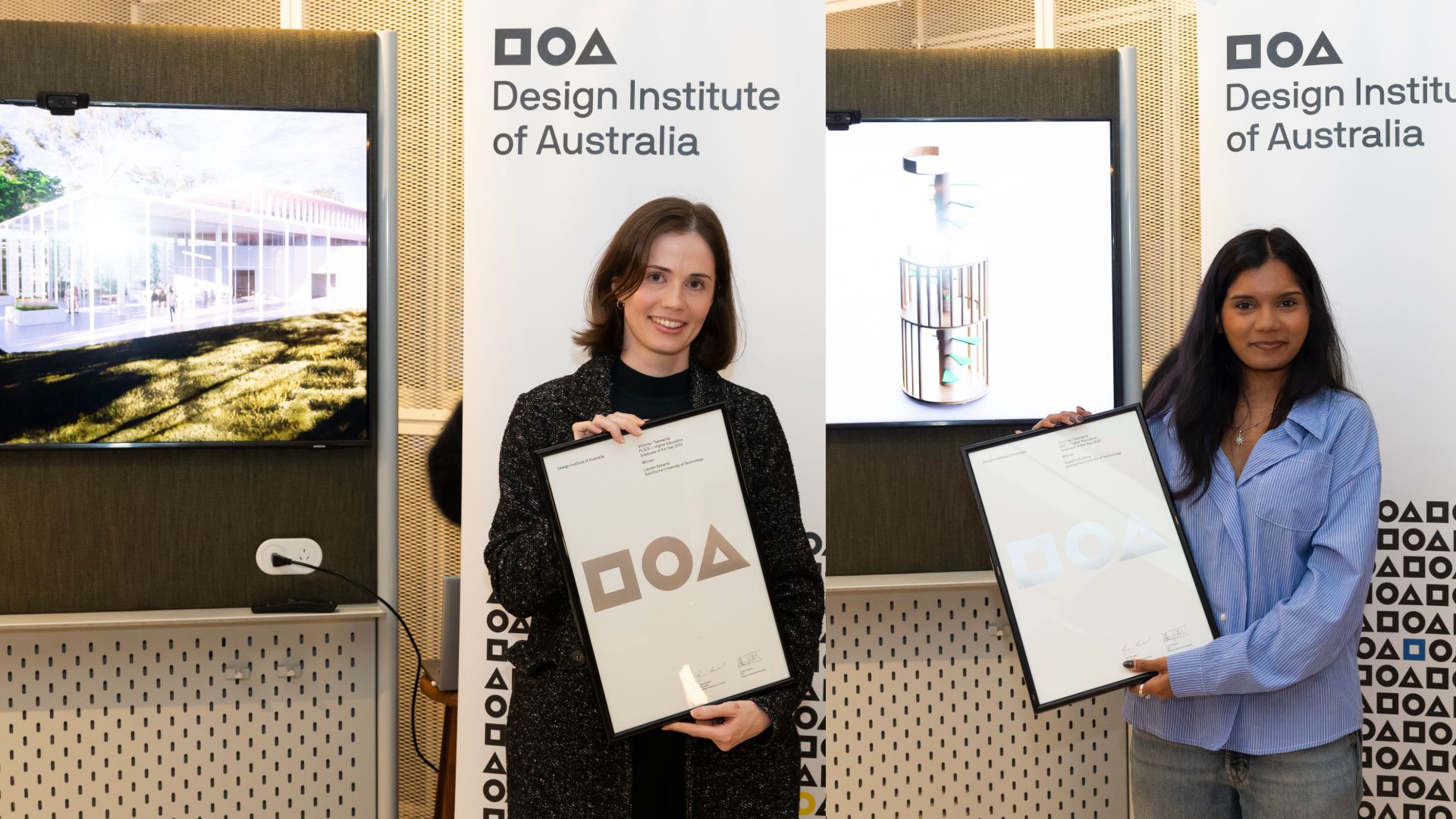 Swinburne’s School of Design and Architecture winners at the GOTYA for Vic/Tas Swinburne’s School of Design and Architecture winners holding up their awards at the GOTYA for Vic/Tas