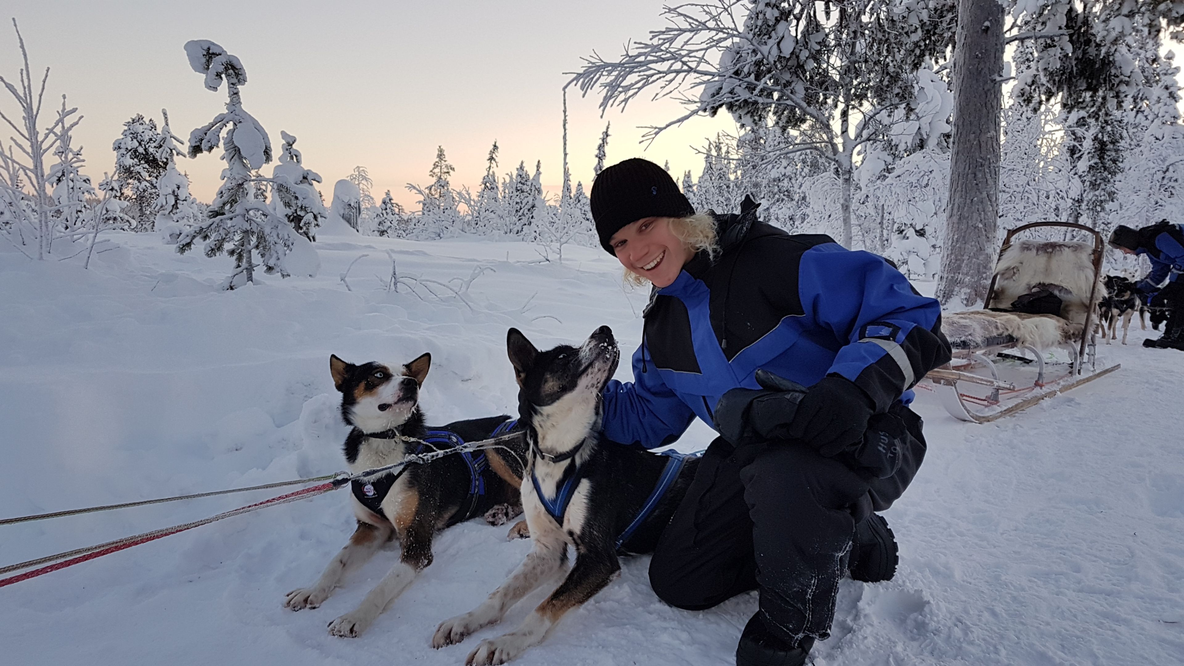 Study Abroad student smiling a camera in snow covered Sweden with a dog sled in background