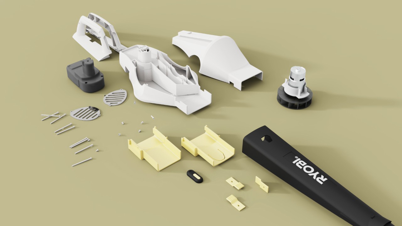 A render of a leaf blower shows all components separated to demonstrate how east the design is to disassemble 