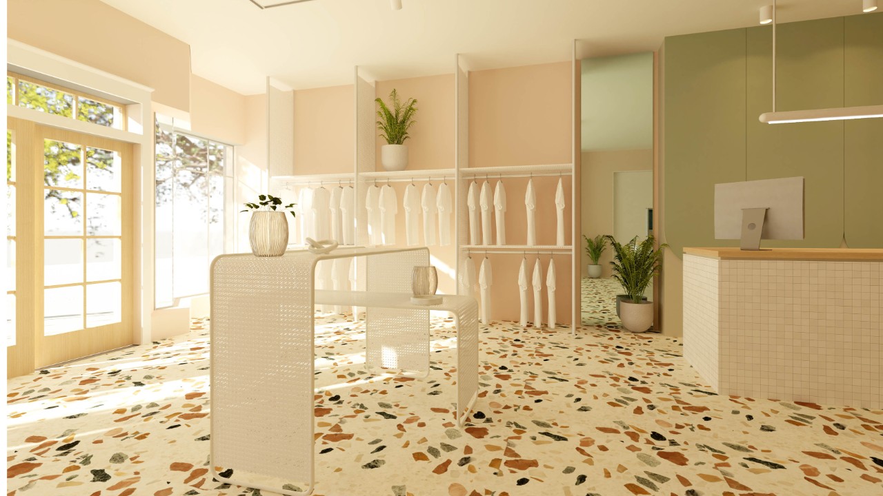 An interior design render of an op shop cafe with terrazzo floor.