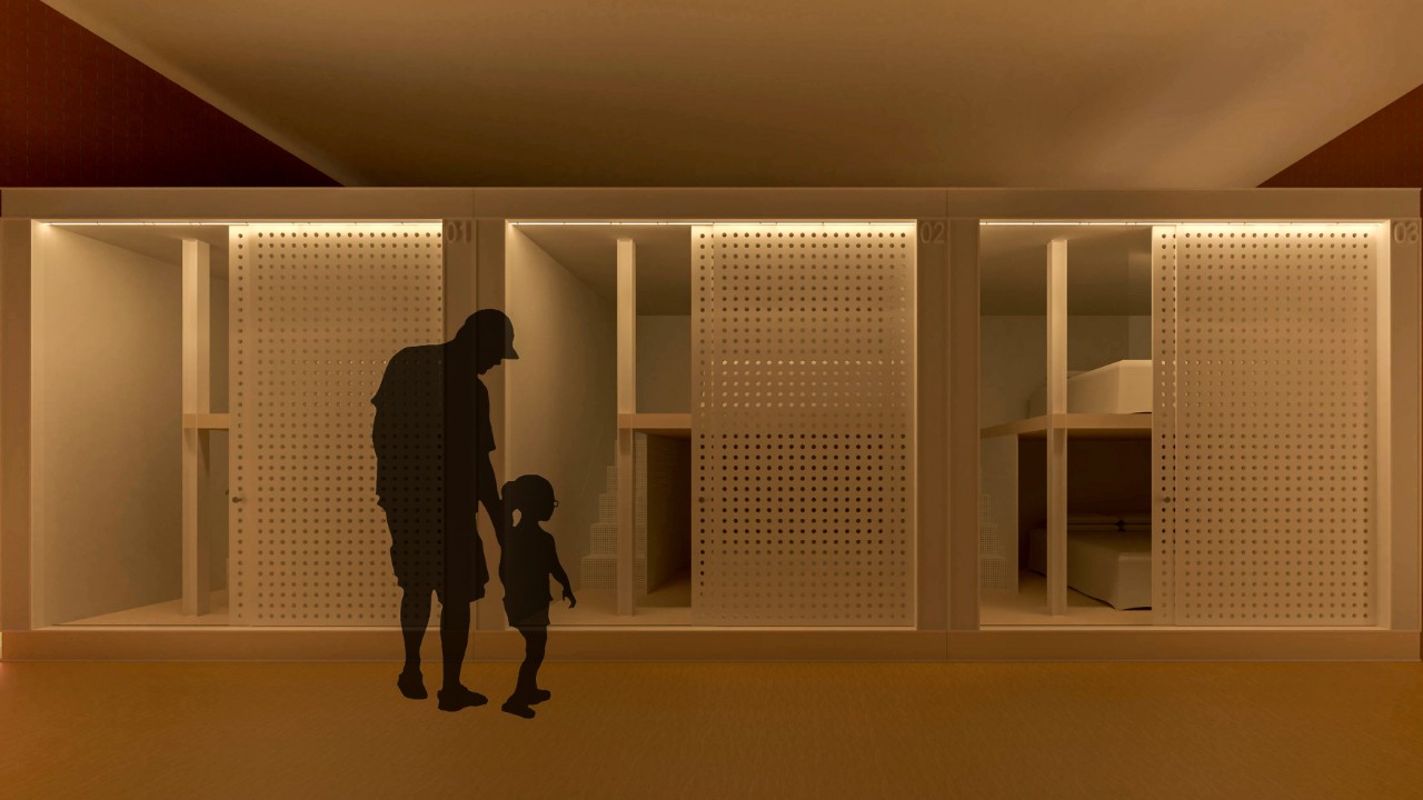 An interior design render of square shaped sleeping pods with a man and child silhouette. 