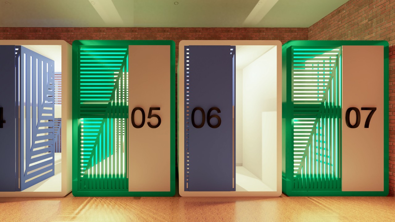 An interior design render of temporary sleeping pods with green and blue slat doors. 